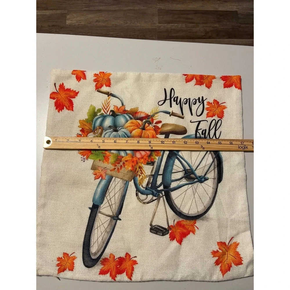 Throw Pillow Cover Unisex 18x18 Beige Excellent Happy Fall Bicycle